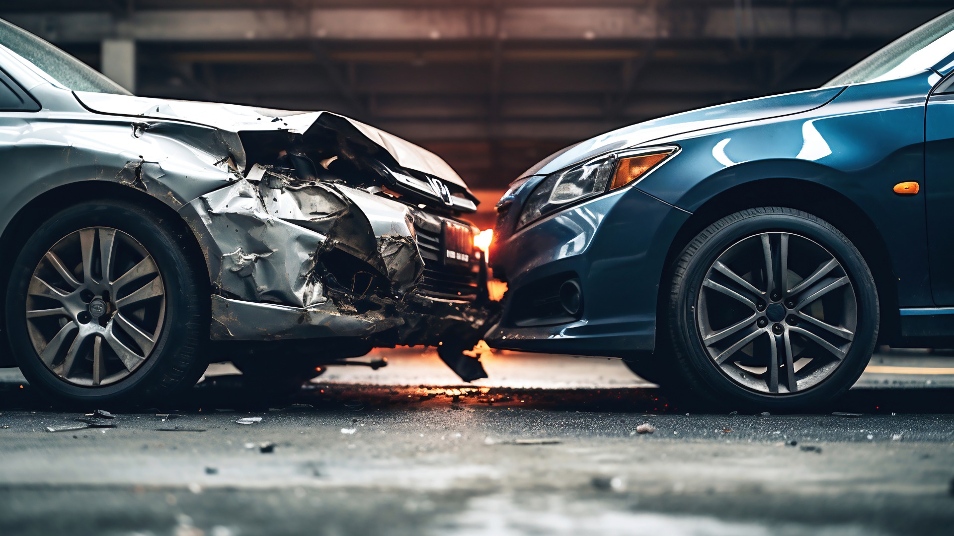 Car accident of two cars, collision of cars. Two cars are damaged after a head-on collision, a car accident. Car accident on the street, damaged cars after collision. Violation of traffic rules.