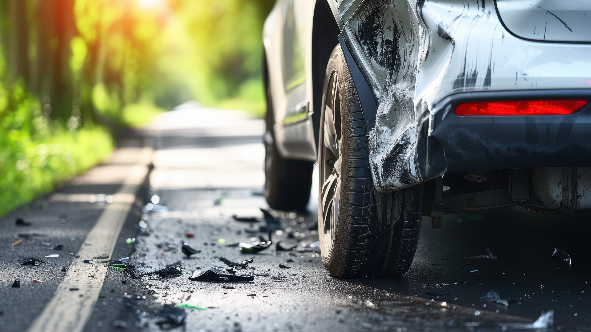 Close-up view of damaged silver car after road accident scene